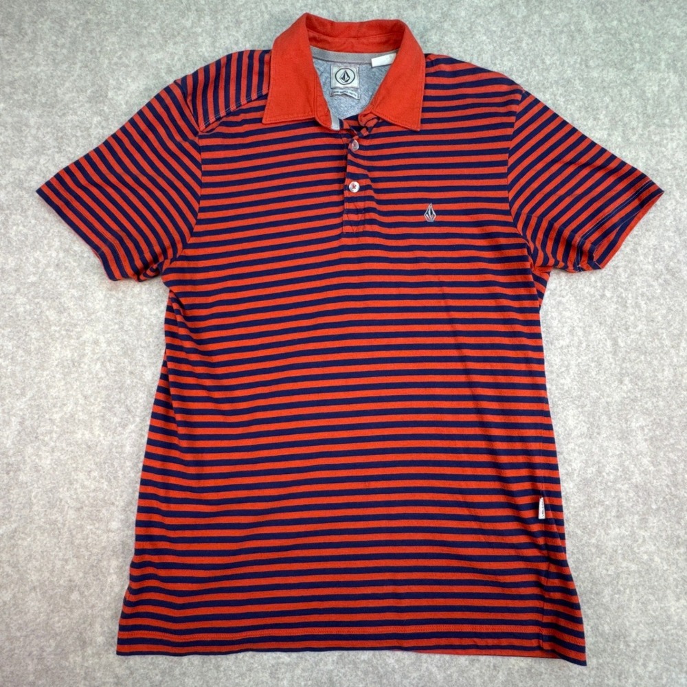 Volcom‎ Mens Striped Polo Shirt Short Sleeve Orange Navy Blue Small